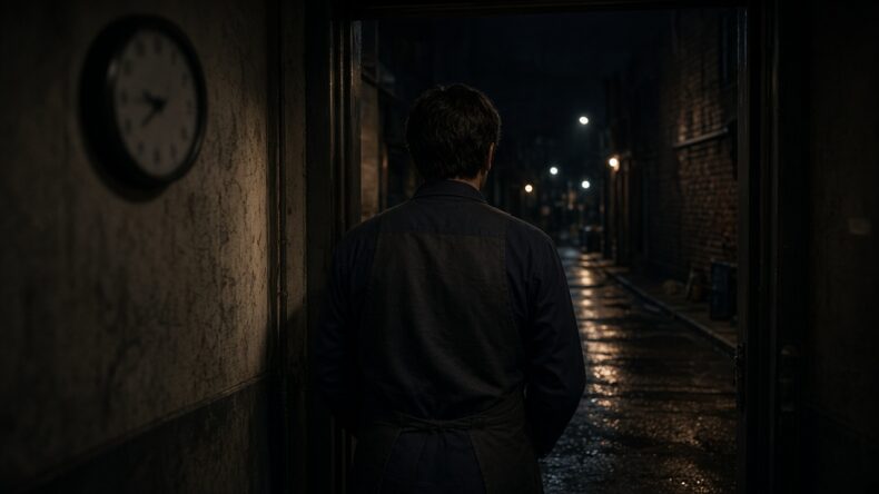 夜の裏口。外を見て、帰りたそうに立っている後ろ姿。
