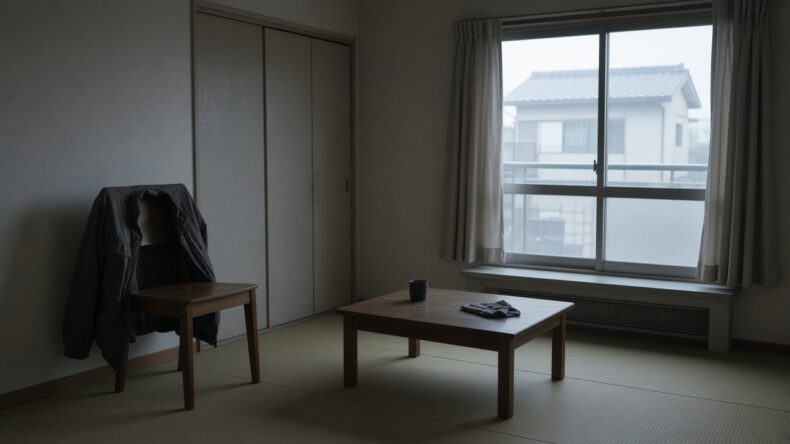 朝の空き部屋。窓の光と、椅子にかけた上着。