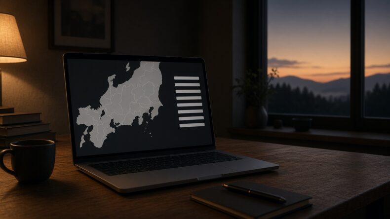 本州の海岸線と、文字のないメニューが並ぶノートパソコン